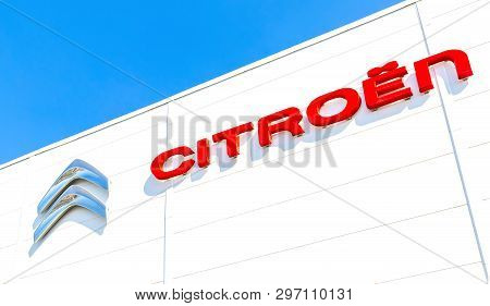 Samara, Russia - April 20, 2019: Official Citroen Dealership Sign. Citroen Is A Major French Automob