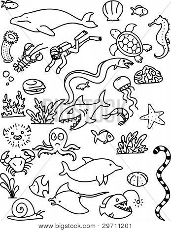 Sea creature doodle background. Vector illustration. Each element in a separate layer for easy editing.