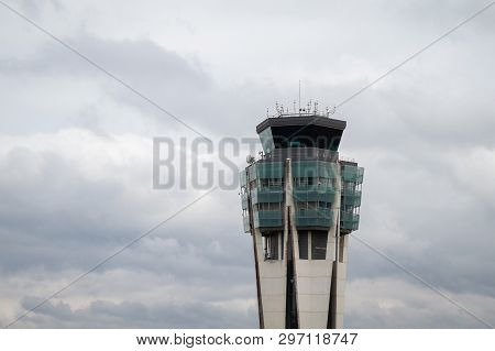 Santiago De Compostela, Spain. April 19 2019: Airport Control Tower Over Cloudy Sky