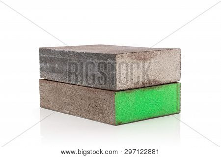 Group Of Two Whole Green And Grey Abrasive Block Sponges Work Item Isolated On White Background