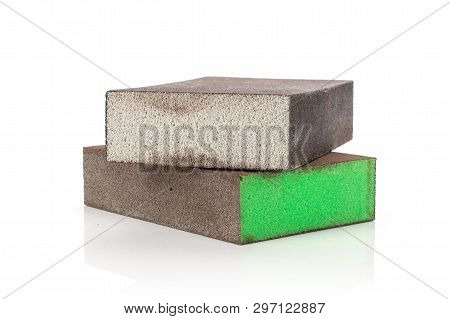 Group Of Two Whole Work Item Green And Grey Abrasive Block Sponges Isolated On White Background