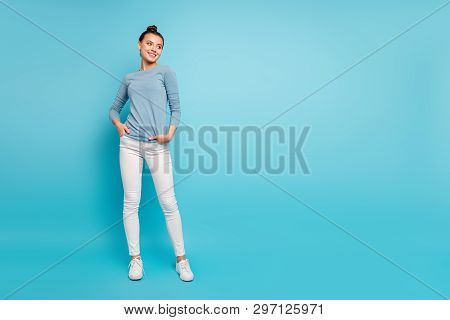 Full Length Body Size Photo Beautiful Amazing She Her Lady Stylish Hairstyle Look Side Empty Space W