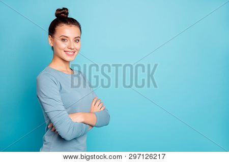Close Up Side Profile Photo Beautiful Amazing She Her Lady Arms Crossed Stylish Hairstyle Look Wonde