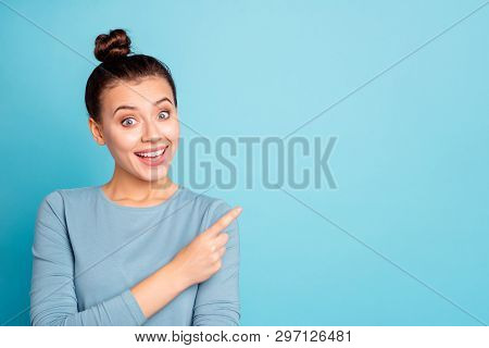 Close Up Photo Beautiful Cute She Her Lady Amazed News Arm Hand Finger Indicate Empty Space Toothy A