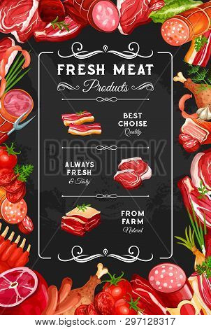 Meat And Sausages, Farm Butcher Shop Poster. Vector Gourmet Delicatessen, Beef Steak Or Pork Ham And