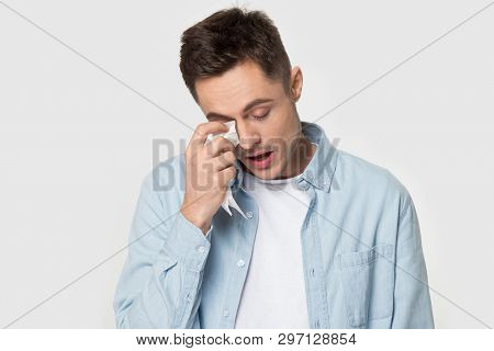 Stressed Man Feel Down Wipe Tears Crying In Studio