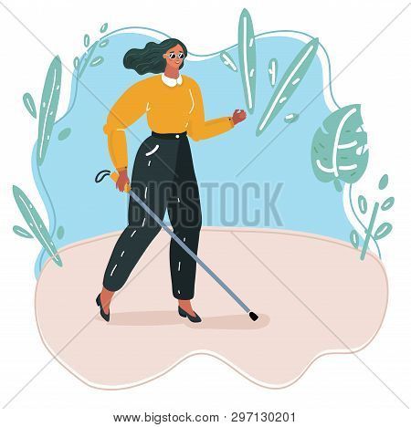 Vector Cartoon Illustration Of Blind Person Walking With Stick. Walk Outside.