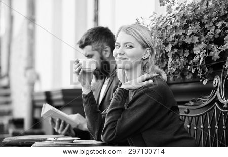 Couple Terrace Drinking Coffee. Casual Meet Acquaintance Public Place. Apps Normal Way To Meet And C