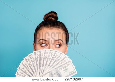Close Up Photo Of Cute Charming Teen Teenager Hide Big Sum Of Money Look Have Option Millionaire Ban