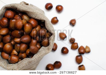 Hazelnuts, Filbert In Burlap Sack On White Background.. Heap Or Stack Of Hazelnuts. Hazelnut Backgro
