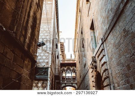 Old Church In The Gothic Quarter Of Barcelona. It Is Aslo Called As Barri Gotic.