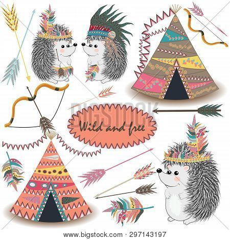 Tribal Collections Set With Teepee Tens, Arrows, Feathers, Tribal Borders, Indian Hedgehog And Feath