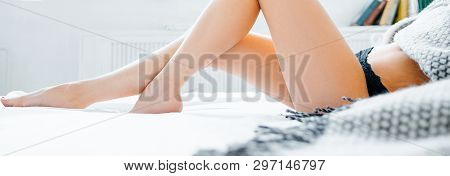 Skin Beauty And Care Concept. Hair Removal Cosmetic Products. Treatment And Wellness. Lady Lying On 