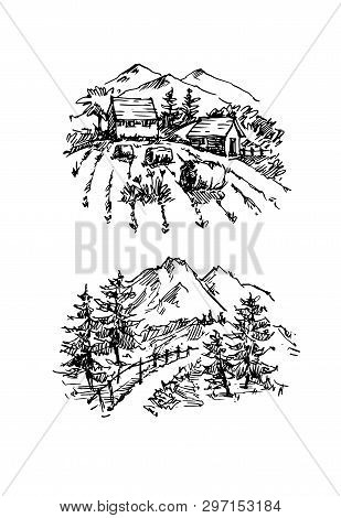 Rural Sketch Andscape. Vector Illustration. Ink Hand Drawing Landscape.