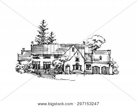 Rural Sketch Andscape. Vector Illustration. Ink Hand Drawing Landscape.