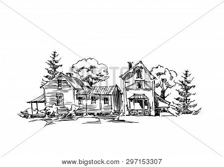 Rural Sketch Andscape. Vector Illustration. Ink Hand Drawing Landscape.