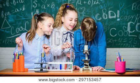 Chemistry Science. Little Kids Earning Chemistry In School Lab. Biology Experiments With Microscope.