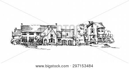 Rural Sketch Andscape. Vector Illustration. Ink Hand Drawing Landscape.