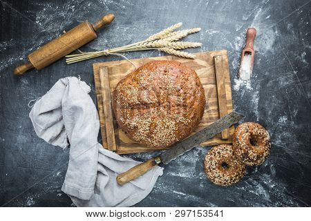 Fresh Homemade Crisp Bread, Top View. French Bread. Bread At Leaven. Unleavened Bread