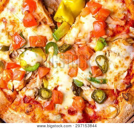 Tasty Italian Pizza Mexicano In A Box On Brown Concrete Background. Top View Of Hot Pizza With Jalap