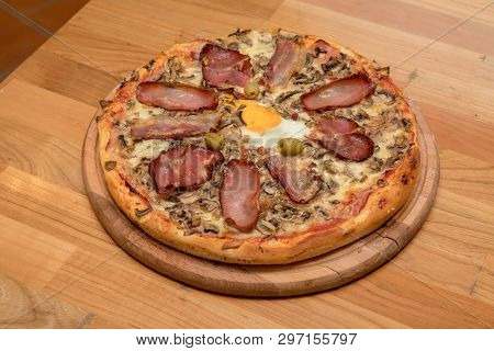 Traditional Pizza With Proscuitto And Egg Italian Cuisine