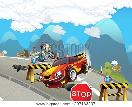 Cartoon Scene With Police Motorcycle Driving Through The City Policeman - Illustration For Children