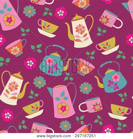 Vector Seamless Pattern With Tea Cups, Teapots And Flowers On A Purple Background. Folk Art Style.