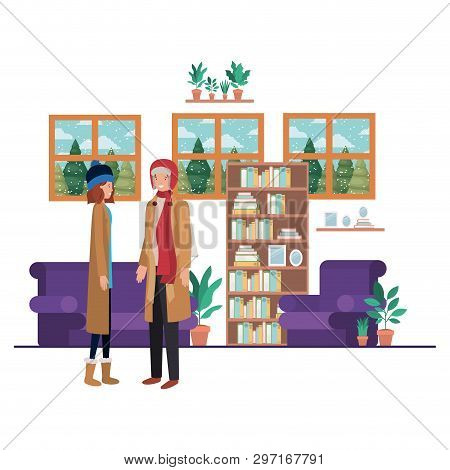 Couple Living Room With View The Landscape By Window Vector Illustration Desing