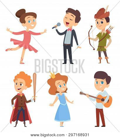 Theater Kids. Children Making Performance At School Stage Vector Funny Characters Theatre Actors In 