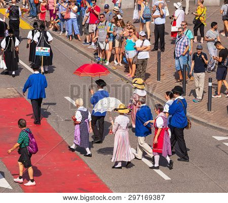 Zurich, Switzerland - August 1, 2018: Participants Of The Parade Devoted To The Swiss National Day P