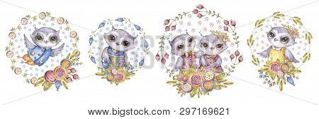 Cute Aquarelle Owls And Flowers Isolated On White Background, Set In Childish Style. Handpainted Wat