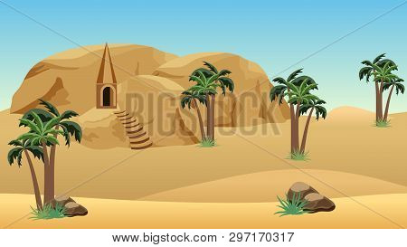 Desert Landscape Scene For Cartoon Or Game Background. Forgotten Desert City In Sandy Rocks For Game
