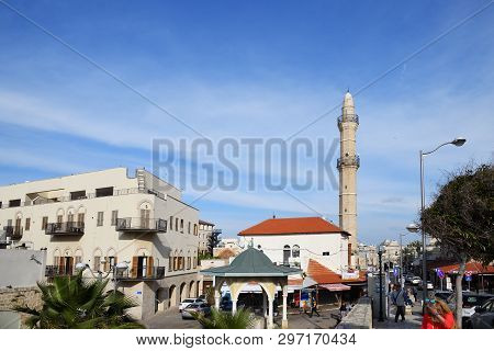 Tel Aviv, Israel - April 5, 2017: View On The Minaret Of The Al Mahmoudiya Mosque Is The Largest And