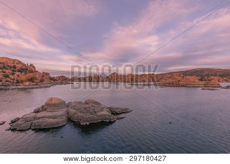 The Scenic Landscape Of Watson Lake Prescott Arizona At Sunset