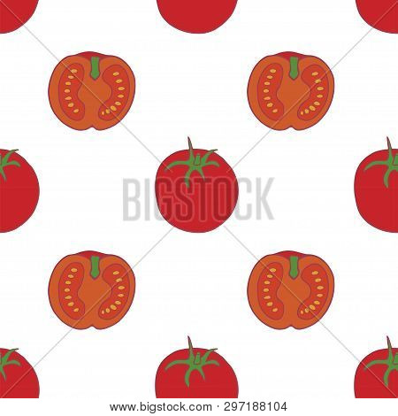 Tomato Seamless Pattern For Wallpaper Design. Fresh Ripe Color Food. Organic Healthy Vegetable.  Raw