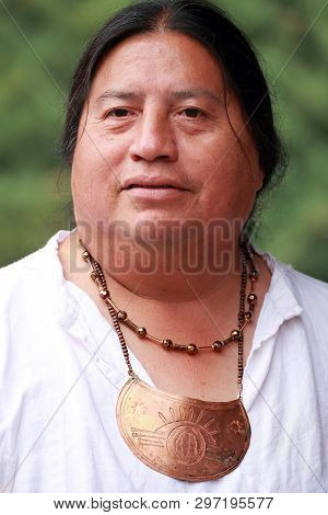 Native American Cherokee Indian Wearing Tribe Copper Medallion