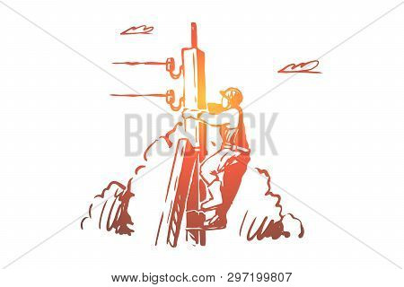 Lineman Climbing Up Telephone Post, High Voltage Line, Dangerous Profession. Cable Man, Electrician 