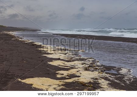 View Of The Waved Waves Of The Avachinskaya Bay , Avacha Bay And Volcanic Beaches. Kamchatka Peninsu