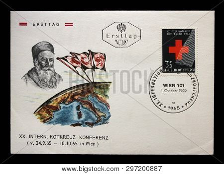 ZAGREB, CROATIA - SEPTEMBER 13, 2014: First day cover with stamps printed in Austria shows Henri Dunant, International Red Cross conference, circa 1969.