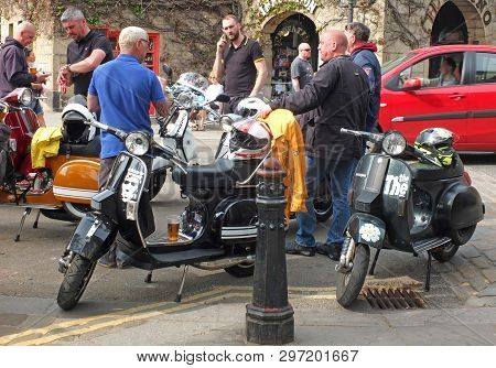 Hebden Bridge, West Yorkshire, England - 22 April 2019: Mods And Scooters In Hebden Bridge For The E