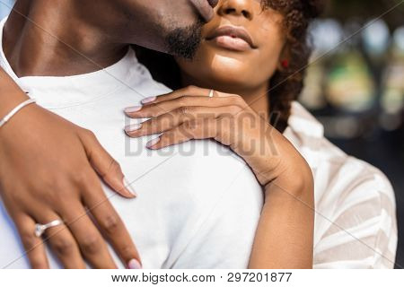 Close Up Outdoor Protrait Of Black African American Couple Embracing Each Other