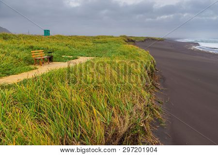 View Of The Waved Waves Of The Avachinskaya Bay , Avacha Bay And Volcanic Beaches. High Grass Growin