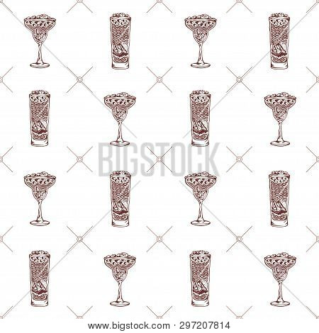 Seamless Pattern With Glasses And Cocktails On A White Background. Vector Illustration