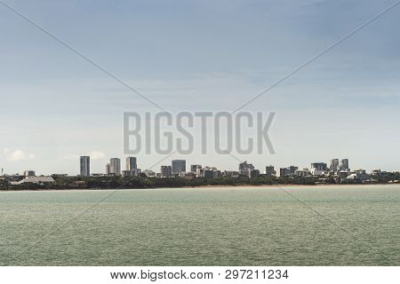 Darwin Australia - February 22, 2019: Darwin Skyline Seen From East Point Over Fannie Bay Sea Water 