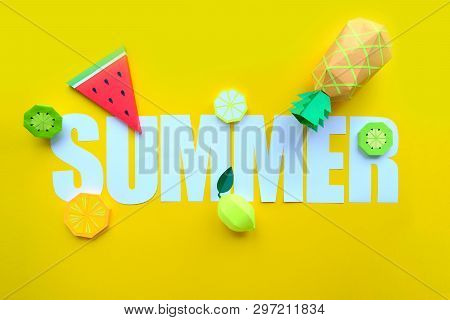 Letter Summer Cut From Paper With Tropical Fruit Paper