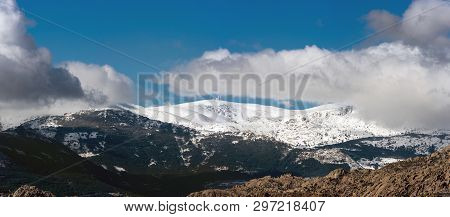 Panorama Of Winter Scene In Navacerrada Mountains, Madrid, Spain.