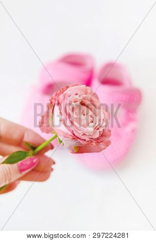 Newborn. Baby Accessories On A Light Background. Selective Focus.