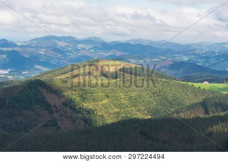 Vizcaya Mountain And Valley Landscape In Oiz Mount, Basque Country, Spain.