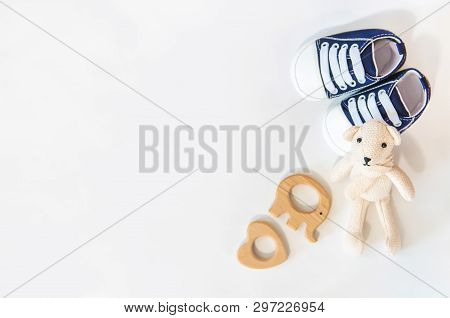 Newborn. Baby Accessories On A Light Background. Selective Focus.