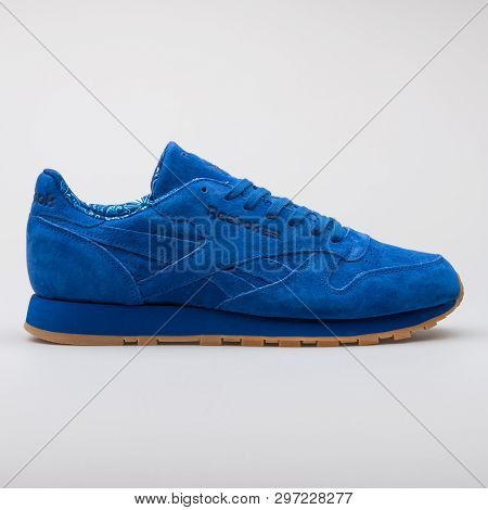 Vienna, Austria - August 7, 2017: Reebok Classic Cl Leather Tdc Blue Sneaker On White Background.